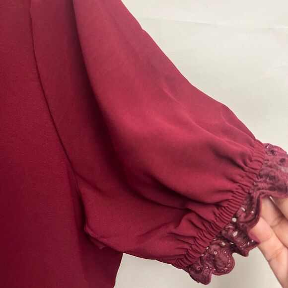 Bloomchic Laser Cut V-Neck Blouse Burgundy - Picture 5 of 7
